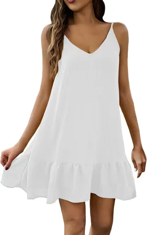 XOWRTE Summer Dresses for Women 2025 Vacation Spaghetti Strap V Neck Mini T Shirt Dress Pleated Ruffle Flowy Beach Sundresses