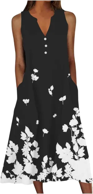 XOWRTE Summer Dresses for Women 2025 Vacation Spring Casual Midi Dresses Beach Trendy Sundresses Plus Size V Neck