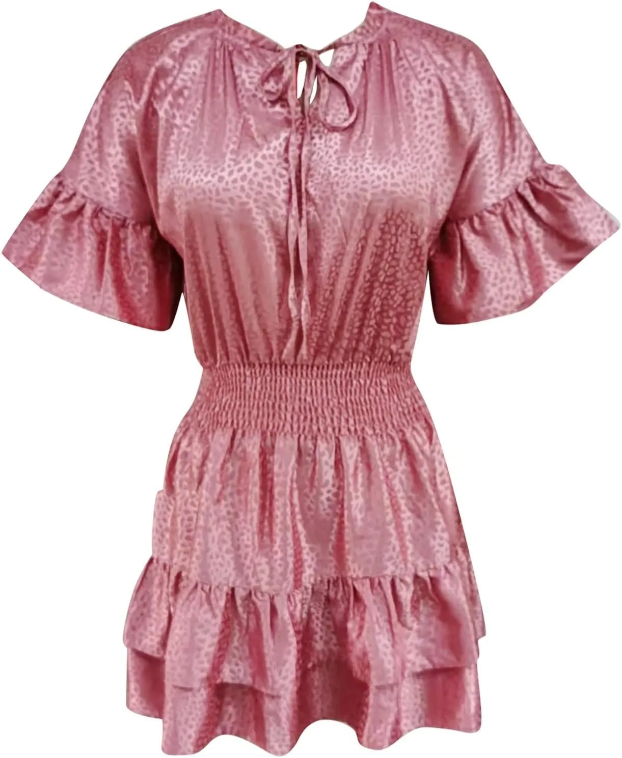 XOWRTE Womens Lace-up V Neck Casual Tiered A-Line Dresses Summer High Waist Ruffle Pleated Cute Mini Short Dress Babydoll