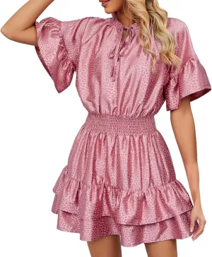 XOWRTE Womens Lace-up V Neck Casual Tiered A-Line Dresses Summer High Waist Ruffle Pleated Cute Mini Short Dress Babydoll