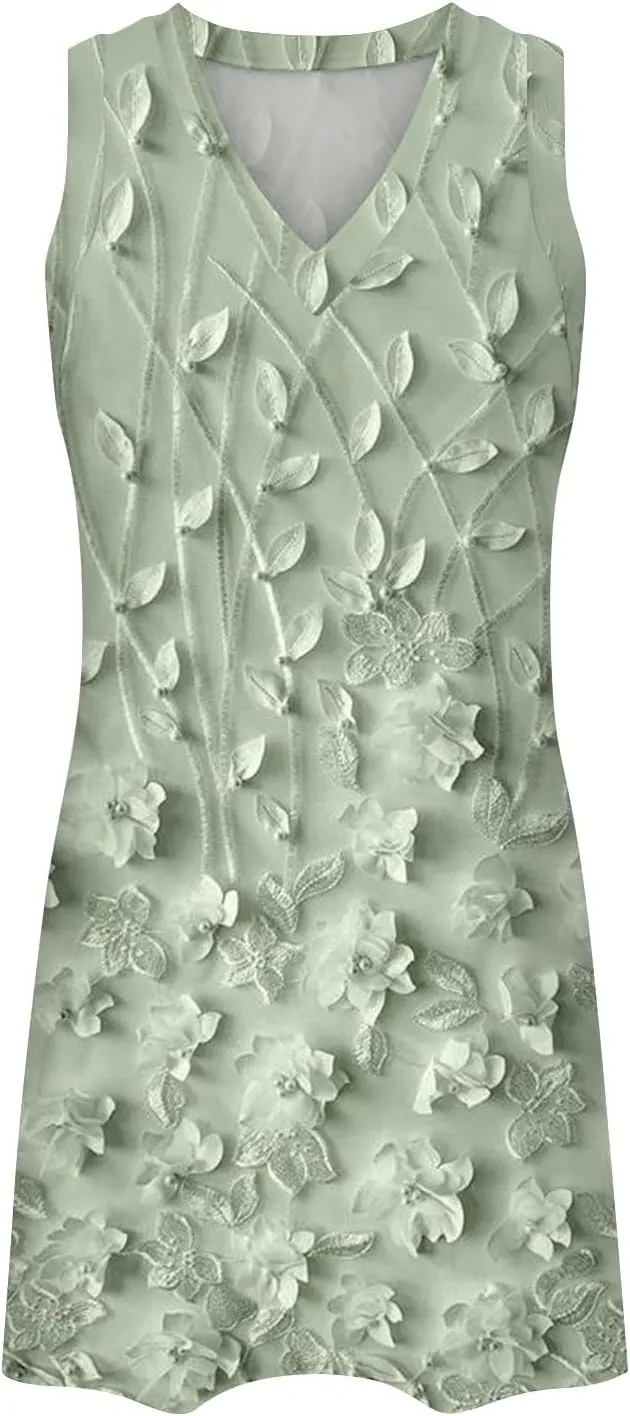 XOWRTE Women's Round Neck Eyelet Lace Embroidery Smocked Loose Party Dress Sexy Sleeveless A Line Mini Sun Dress for Women