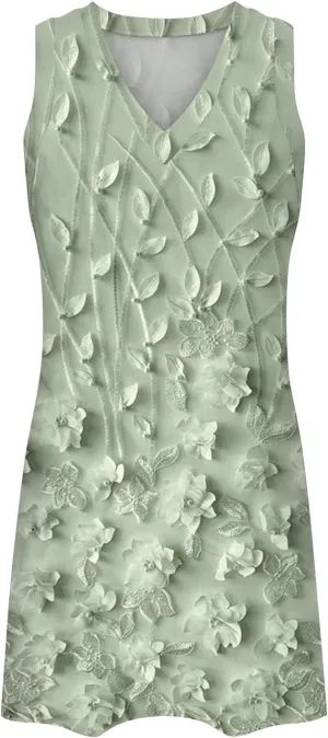 XOWRTE Women's Round Neck Eyelet Lace Embroidery Smocked Loose Party Dress Sexy Sleeveless A Line Mini Sun Dress for Women