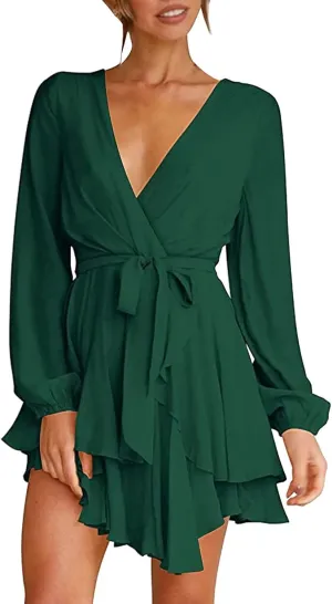 XOWRTE Women's Sexy Wrap Deep V Neck Dress Long Sleeve 2023 Tie Waist Ruffle Hem Cocktail Wedding Party Swing Mini Dresses