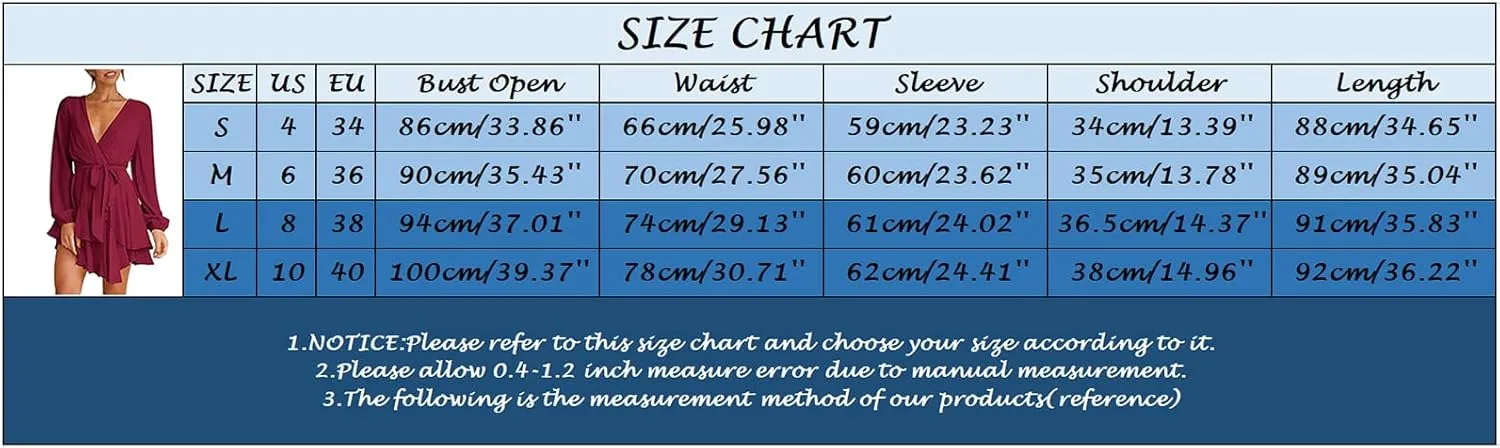 XOWRTE Women's Sexy Wrap Deep V Neck Dress Long Sleeve 2023 Tie Waist Ruffle Hem Cocktail Wedding Party Swing Mini Dresses