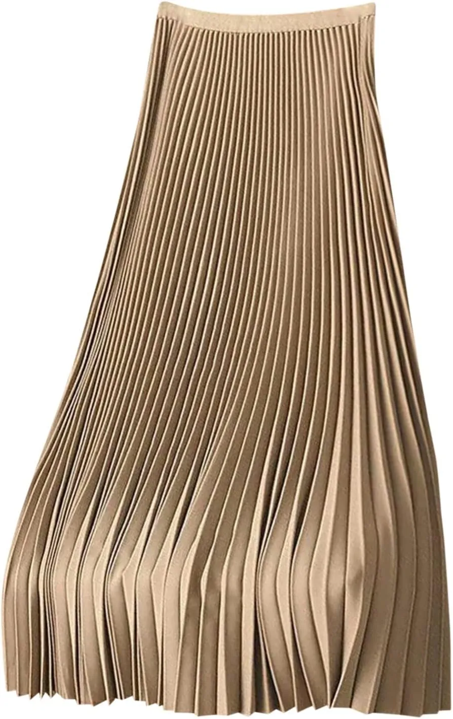 XUNRYAN Skirts for Women High Elastic Waist Pleated Shimmer Midi Skirt Flowy Swing A-line Skirts Fashion Clothes