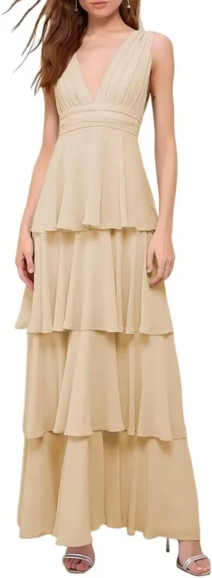 YAUTKA Tiered Bridesmaids Dresses for Women 2025 V Neck Long Chiffon Ruffle A Line Formal Prom Gowns Sleeveless