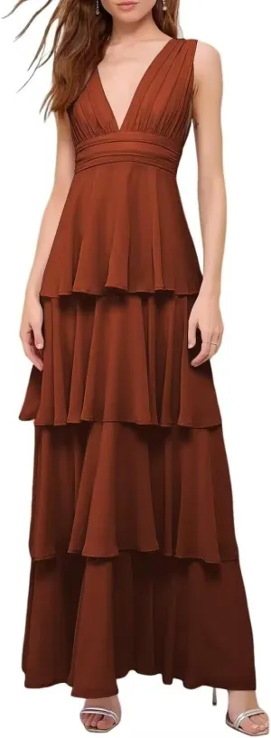 YAUTKA Tiered Bridesmaids Dresses for Women 2025 V Neck Long Chiffon Ruffle A Line Formal Prom Gowns Sleeveless
