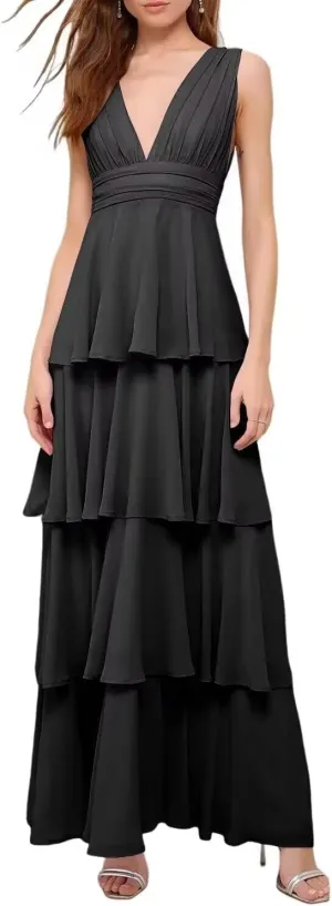YAUTKA Tiered Bridesmaids Dresses for Women 2025 V Neck Long Chiffon Ruffle A Line Formal Prom Gowns Sleeveless