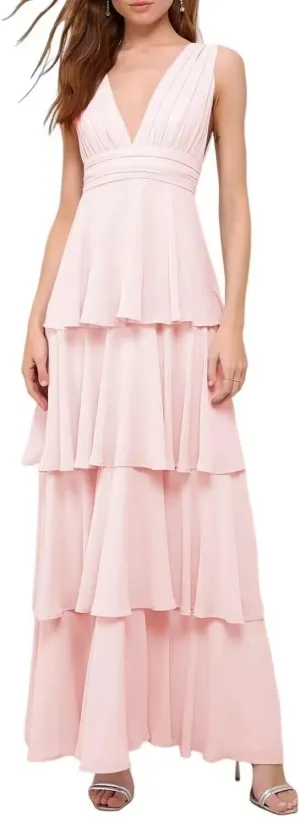 YAUTKA Tiered Bridesmaids Dresses for Women 2025 V Neck Long Chiffon Ruffle A Line Formal Prom Gowns Sleeveless