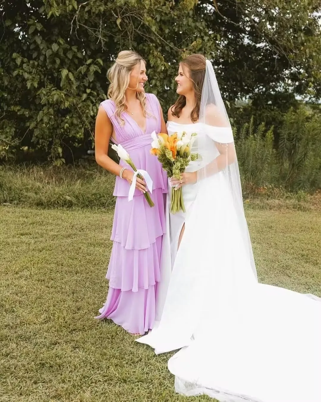 YAUTKA Tiered Bridesmaids Dresses for Women 2025 V Neck Long Chiffon Ruffle A Line Formal Prom Gowns Sleeveless