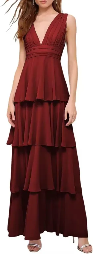 YAUTKA Tiered Bridesmaids Dresses for Women 2025 V Neck Long Chiffon Ruffle A Line Formal Prom Gowns Sleeveless