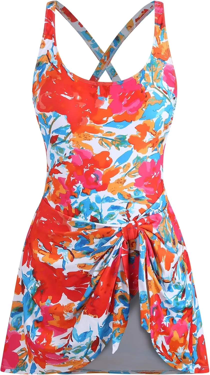 ZAFUL One Piece Swimsuits for Women Tummy Control Swim Dresses Basic Swimdress Knottable Skirt Bathing Suit
