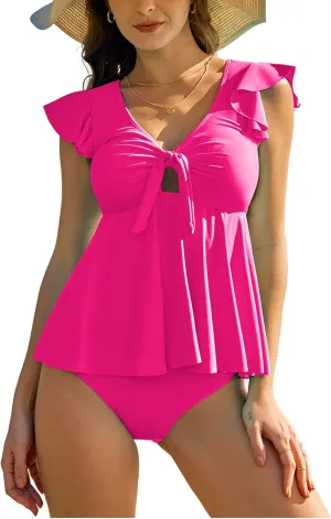 ZAFUL Womens Tummy Control Swimsuit V Neck Ruffle High Waisted Tankini 2 Piece Bathing Suit Front Knotted Swimwear