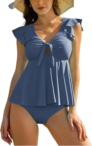 ZAFUL Womens Tummy Control Swimsuit V Neck Ruffle High Waisted Tankini 2 Piece Bathing Suit Front Knotted Swimwear