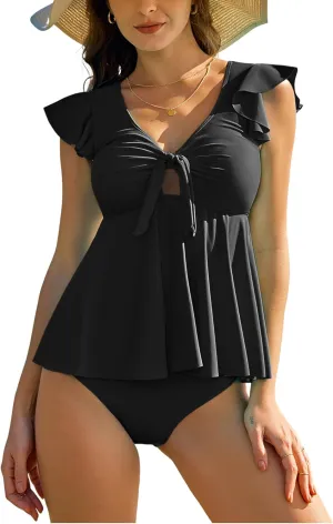 ZAFUL Womens Tummy Control Swimsuit V Neck Ruffle High Waisted Tankini 2 Piece Bathing Suit Front Knotted Swimwear