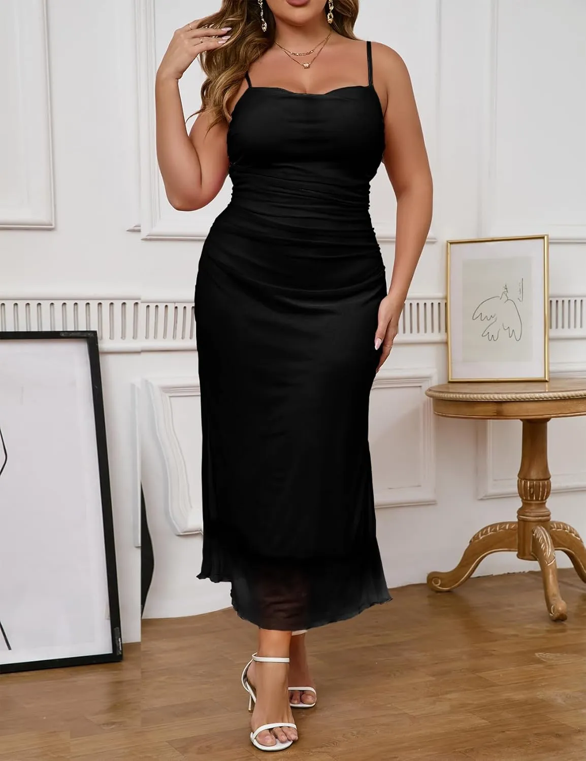 ZOMVA 0X-4X Plus Size Ruched Mesh Dress Floral Bodycon Sleeveless Cami Dress Cocktail Pary Dating Winery