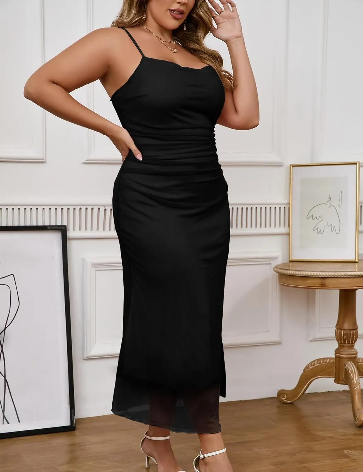 ZOMVA 0X-4X Plus Size Ruched Mesh Dress Floral Bodycon Sleeveless Cami Dress Cocktail Pary Dating Winery